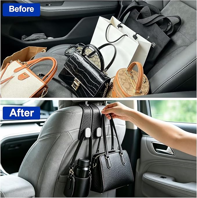 4 Pack Leather Purse Hook for Car, Car Seat Hooks for Headrest, Car Seat Back Storage Hook for Purses and Bags, Universal Back Seat Holder for Grocery Bag, Black