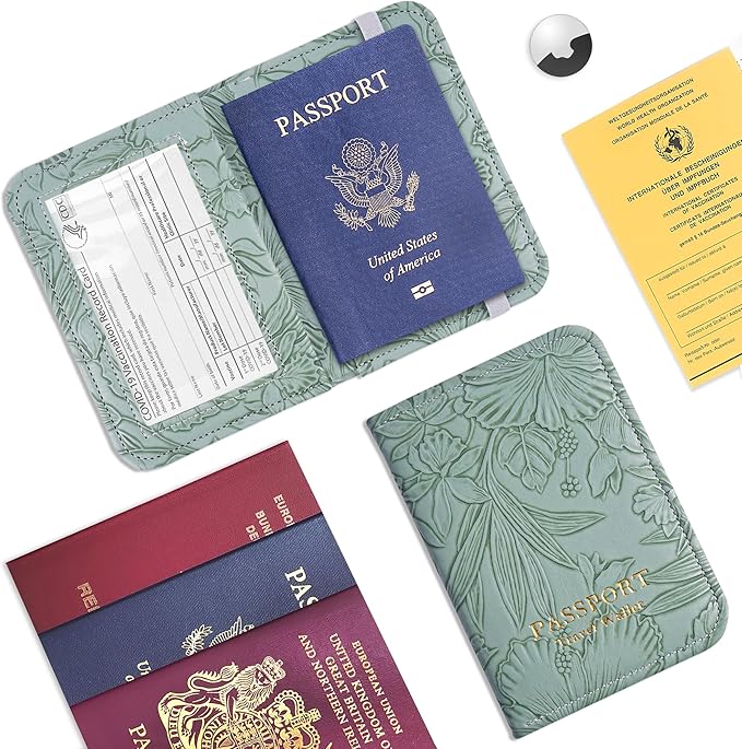lizimandu Passport Holder with Airtag Slot, Airtag Passport Wallet for Men Women, Slim Leather Passport Holder Case Family for Travel Anti-Lost(1-Carved Green2)