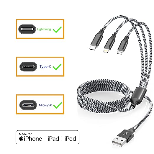 Xnewcable Multi Charging Cable 4ft 2Pack 3 in 1 Charger Cord, Multiple Rapid Nylon Braided Cable USB Charging Cable Multi Phone Charger Cord with Type C Micro Lightning USB Connectors for Cell Phones