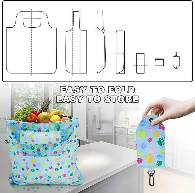 HOLYLUCK Reusable Grocery Bags,Heavy Duty Foldable Shopping Tote Bag (Standard, Multi Dog Paw Prints)