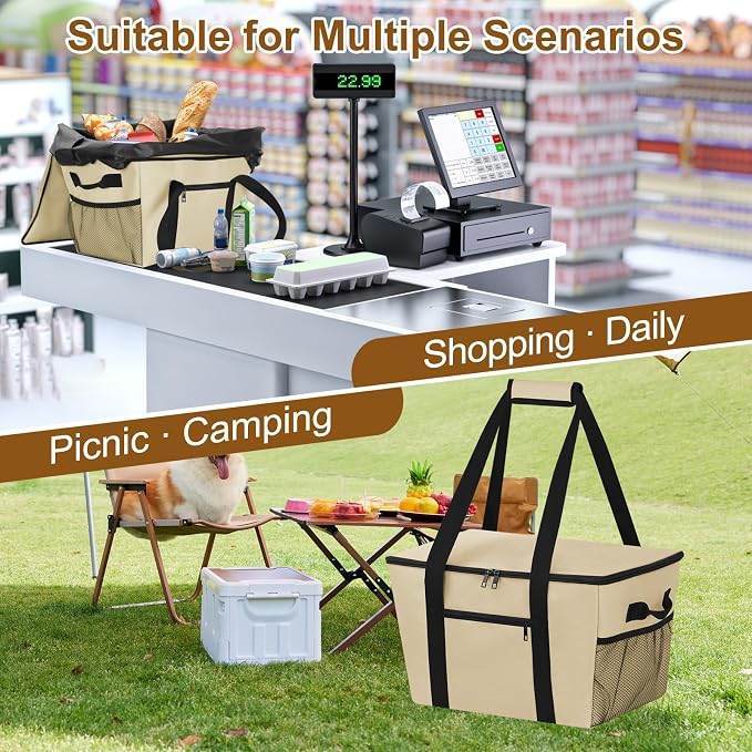 Reusable Grocery Bag – Expandable Insulated Cooler Bag with Bottom Board, Collapsible Insulated Shopping Bag with Zipper & Drawstring, Heavy Duty Tote Bag for Shopping, Delivery, Picnic, Beach