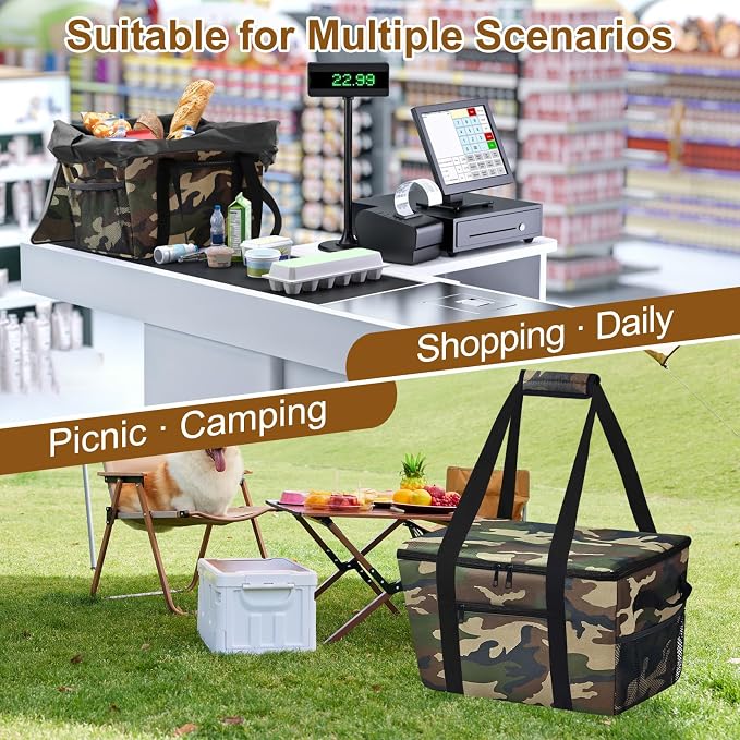 Reusable Grocery Bag – Expandable Insulated Cooler Bag with Bottom Board, Collapsible Insulated Shopping Bag with Zipper & Drawstring, Heavy Duty Tote Bag for Shopping, Delivery, Picnic, Beach