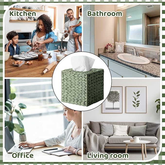 Sage Green Tissue Box Cover Square Natural Paper Rope Hand Woven Tissue Box Holder for Bathroom Living Room Bedroom Kitchen Table Desk Office Boho Home Decor