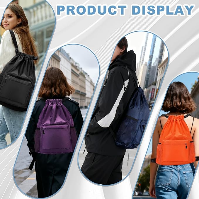 Tygelluis Drawstring Backpack, Waterproof Gym Bag with Water Bottle Pocket for Women Men, Pull String Sport Bag for Swim, Soccer and Basketball,Navy