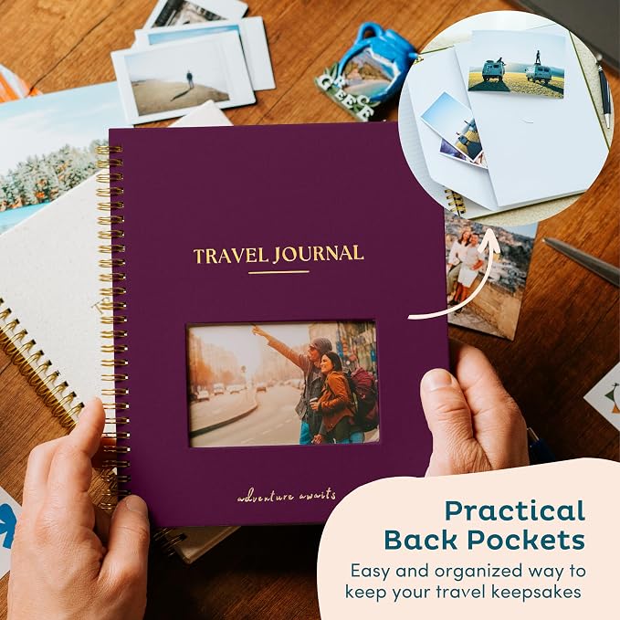 Nook Theory Personalized Travel Journal for Women, Men - Linen Travelers Notebook, Adventure Book with Prompts, Perfect for Travel Gifts (Plum)