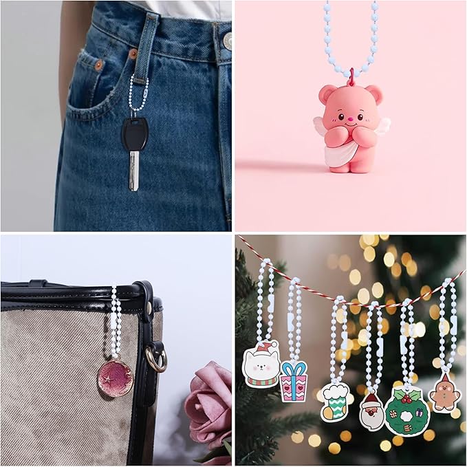 Lemonkey 100Pcs Ball Beads Chain Bulk,White Keychain Rings Metal Chain,4 Inch Dog Tag Metal Small Chain with Connectors for Hanging Decoration