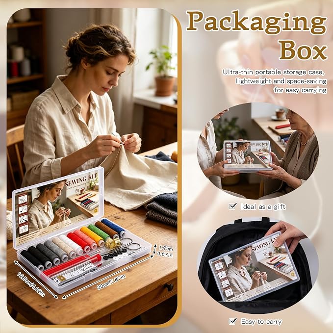 SHWAKK Sewing Kit for Adults, Stainless Steel Needles for Hand Sewing with Thimble, Threader, Thread Rippers, Big Eye Steel Needle and Thread Kit for Beginner, Traveler and DIY Crafter