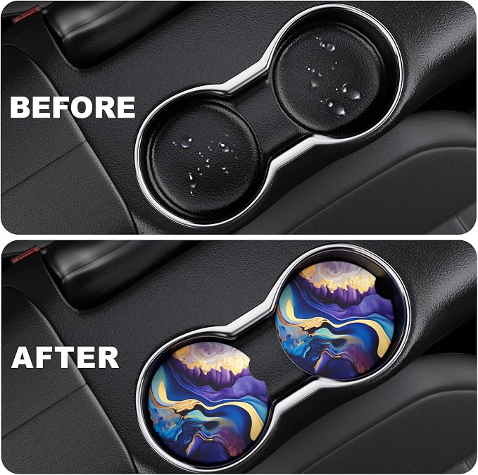 2 Pack Car Cup Holder Coasters, 2.63 inch Anti Slip Insert Absorbent Ceramic Coasters with Cork Base and Finger Notch, Cute Car Accessories Interior for Women
