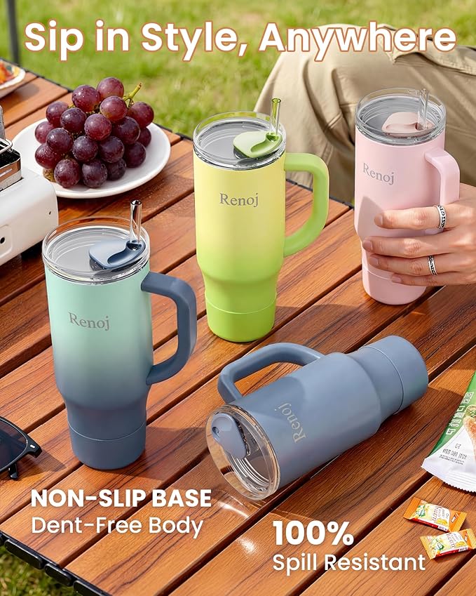 Renoj Insulated Mug 100% Spill Resistant Insulated Water Bottle for Iced Coffee & Hot Drinks - Fits Car Cup Holder, Ideal Gift, 2 Straws & Silicone Boot - FlexSlide Light Pink 40 oz