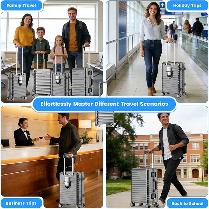 24 Inch Checked Luggage with Cup Holder, Zipperless PC Hard Shell Suitcase, 360° Spinner Wheels, TSA Lock for Short Trips and Business Travel