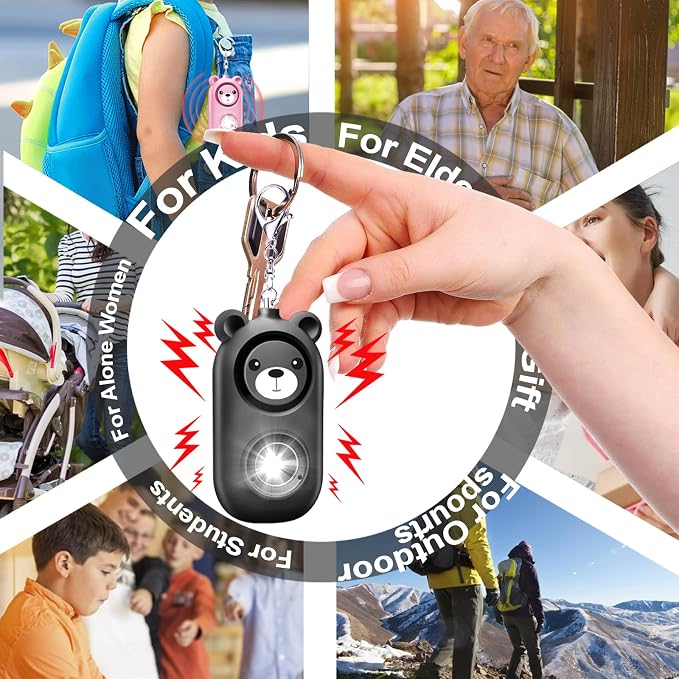 Personal Safety Alarm Keychain with LED Light, 130dB Emergency Alert, Rechargeable Bear Design for Women, Children,Girls