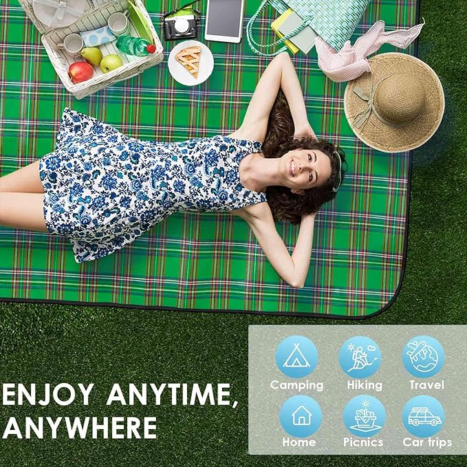 Beach Picnic Blanket, Sandproof Waterproof Camping Blankets Large, Outdoor Sandfree Foldable Mat 55x40in, Oversized Packable Family Mats for Hiking, Camping, Park, Travel, Grass Concert-Green