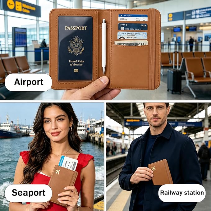 ZOPPEN RFID Blocking Passport Holder for Travel – PU Leather Waterproof Lightweight Passport Cover Wallet for Women Men, Travel Organizer with Card Slots for Airline Tickets & Passport Book, Brown