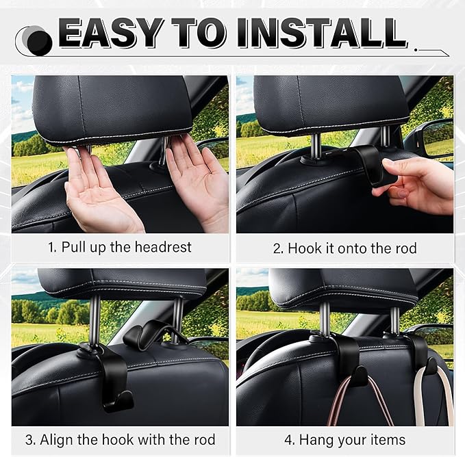 SINGARO 4 Pack Car Seat Headrest Hooks, Vehicle Back Seat Hanger Storage Organizer for Purse Handbag Backpack Coat Grocery, 360° Rotating Heavy Duty Holds 44lbs, Black