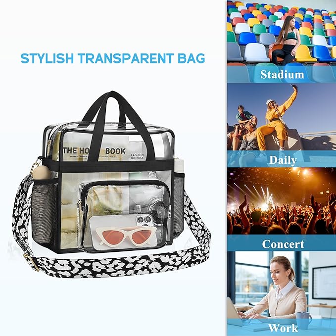 Bagenius Clear Tote Bag Stadium Approved, Game Day Satchel Bag with Non-detachable Reinforced Strap for Concert, Work, Sport
