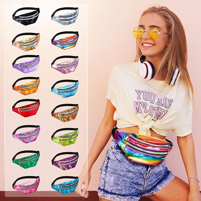16 Pcs Fanny Packs for Women Holographic Fanny Pack Bulk 80s 90s Shiny Waist Bag Metallic Color with Adjustable Belt(Stylish Style)