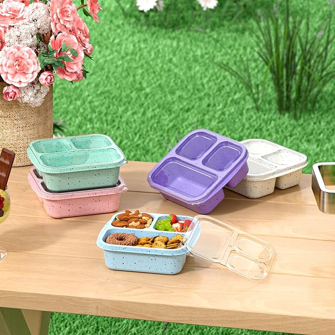 Snack Boxes (3 Pack) - Stackable Bento Boxes with 3 Compartments, Meal Prep Containers Reusable, Lightweight Lunch Containers for Kids and Adults, BPA Free (Green)