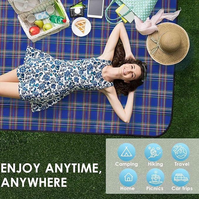 Beach Picnic Blanket, Sandproof Waterproof Camping Blankets Large, Outdoor Sandfree Foldable Mat 55x40in, Oversized Packable Family Mats for Hiking, Camping, Park, Travel, Grass Concert-Blue