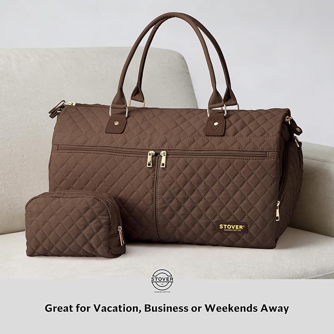 STOVER Women’s Convertible Garment Duffel Bag for Travel – 2-in-1 Carry-On Weekender/Overnight Tote - Wrinkle-Free Dresses, Suits & Clothes + Shoe Compartment & Bonus Toiletry Bag (Mocha Brown)