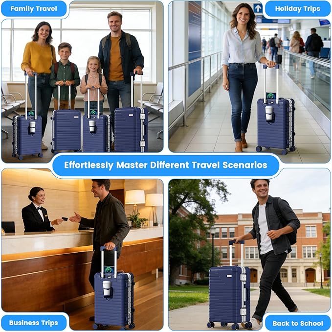 20 Inch Carry on Luggage with Cup Holder, Airline Approved 22x14x9 Aluminum Frame PC Hard Shell Suitcase, 360° Spinner Wheels, TSA Lock for Short Trips and Business Travel