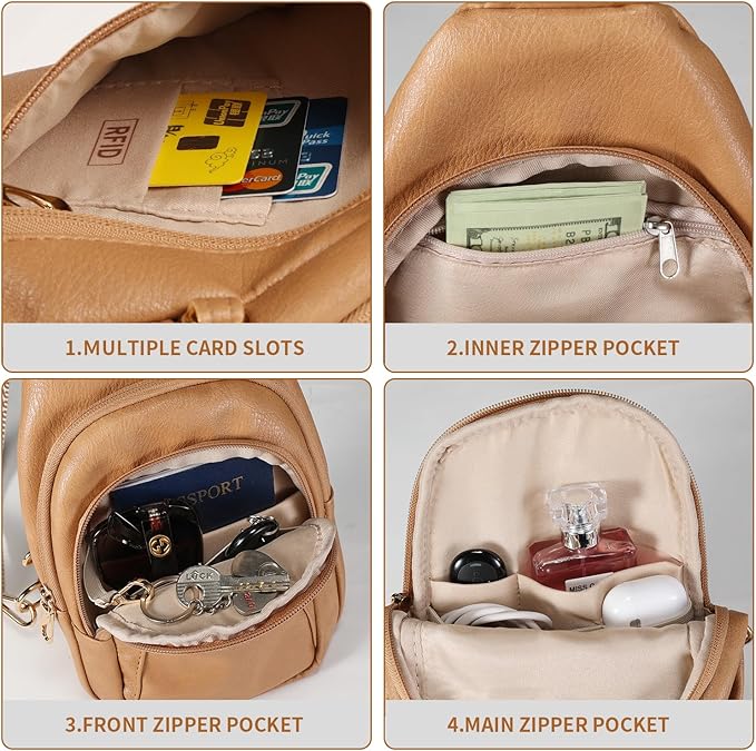 BIAVOI Crossbody Bags for Women Anti Theft Vegan Leather Sling Bag RFID Blocking Chest Bag for Travel (Light Brown)