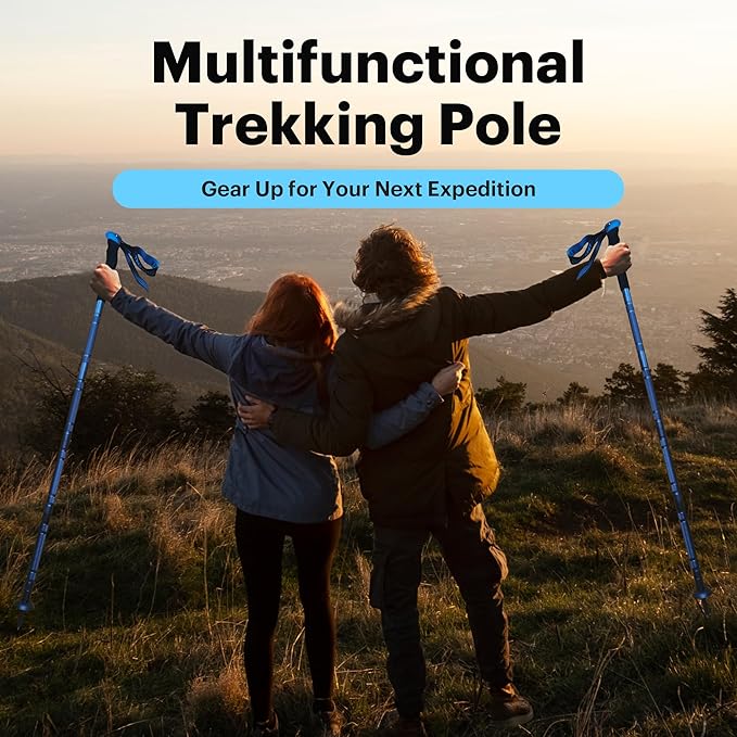 Versatile Trekking Pole with Accessories - Ideal for Hiking with Excellent Foam Grip Lightweight, Durable Tungsten Carbon Tip. Adjustable Length, Collapsible, Internal Storage, Canvas Carry Bag