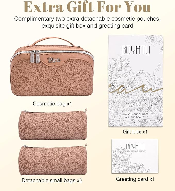 BOYATU Travel Makeup Bags Cosmetic Organizer Bag: 3-Set Large Capacity Make up Bag - PU Leather Toiletry Bags for Women - Wide Open Portable Pouch with Divider & Handle (A-Tan)