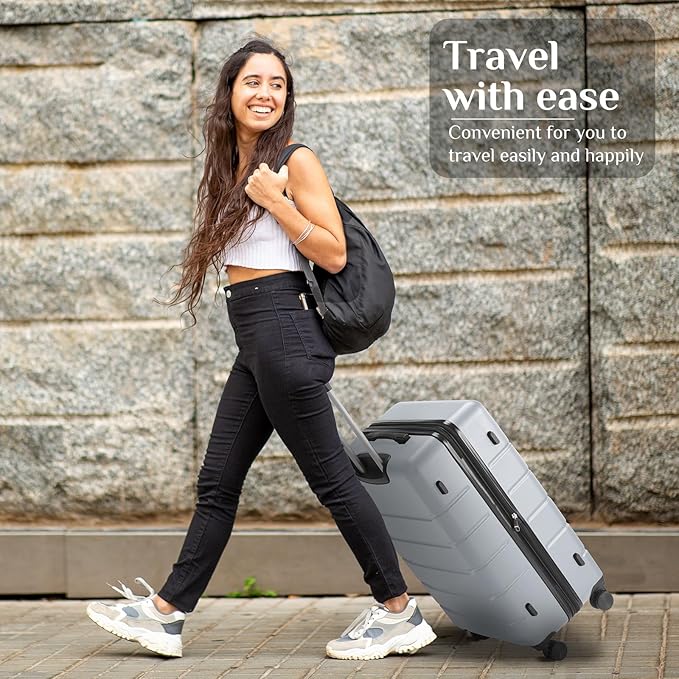 NEWBULIG 24 Inch Checked Luggage, ABS Hard Shell Lightweight Rolling Expandable Suitcase with Smooth Spinner Wheels and TSA Lock for Business Trips and Daily Vacations, Light Grey