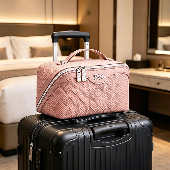 BOYATU Travel Makeup Bags for Women: Vintage Roman Column Texture Large Capacity Cosmetic Bag - Each Journey, Quiet Luxury Serenity - 3 Pcs Set Organizer Toiletry Purse 50% Extra Storage(Pink)