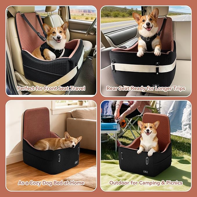 PETSFIT Dog Car Seat for Small/Medium Dogs Up to 35 lbs โ Patented Safety System, 5" Memory Foam Pet Booster Car Seat, Fully Detachable and Washable Dog Carseat with 2 Storage Pockets (Black/Brown)