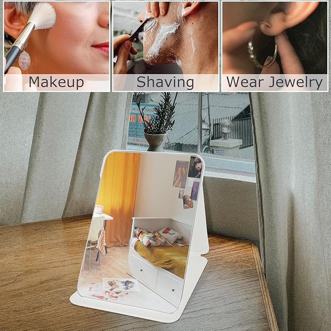 Makeup Mirror, 6x8 Inches Portable PU Leather Mirror, Folding Desktop Vanity Mirror with Adjustable Stand for Vanity Table, Office, Travel (M, White)