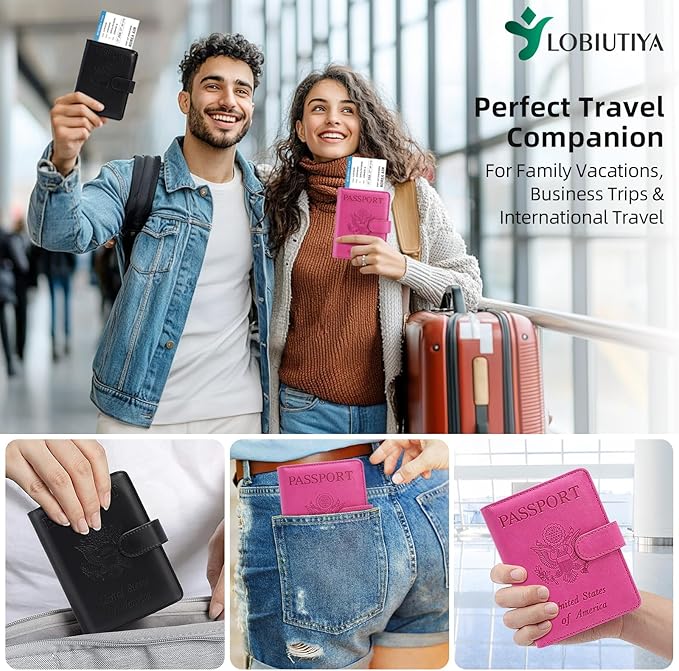 2 Pack Passport Holder For Travel with Luggage Tag Cover – RFID Blocking Passport Wallet Holder for Travel Women/Men | PU Leather Passport Case with Money Pocket, Blue/Pink
