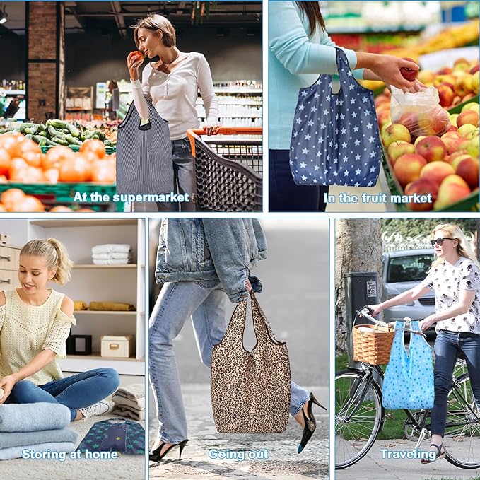 DXMWWTP 6 Pcs Foldable Reusable Shopping Bags,Tote Bags, Grocery Bags with Hook, Eco-friendly Travel Recycle Shopping Bags in Pocket, Waterproof and Machine Washable for Daily Shopping Supplies
