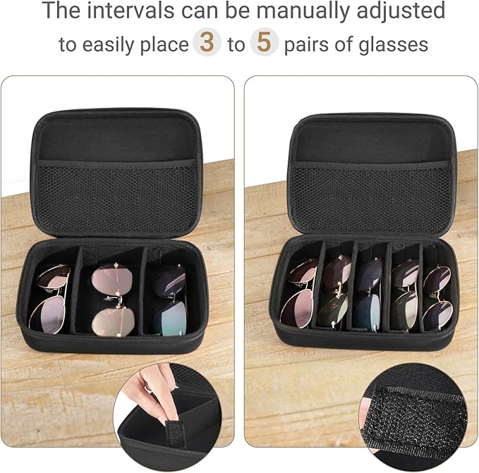 Mkono Travel Sunglasses Organizer Glasses Case Multiple Pairs with Adjustable Slots Portable Eyeglasses Case Storage Box for Men Women, Medium, Black