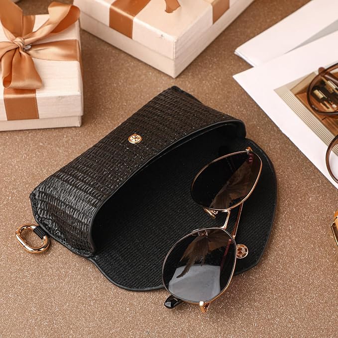 Leinuosen Woven Straw Sunglasses Case with Clip, Hard Shell Boho Rattan Pouch, Portable Travel Beach Accessory for Women Girl