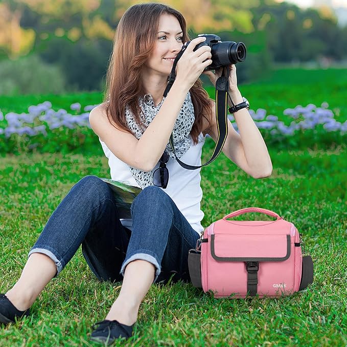 GMAK Camera Bag for Photographers, Anti-shock Camera Shoulder Bags with Water-resistant Rain Cover, Camera Case Compatible for DSLR/SLR/Mirrorless Cameras, 9'' × 4.7'' × 7.5'', Pink