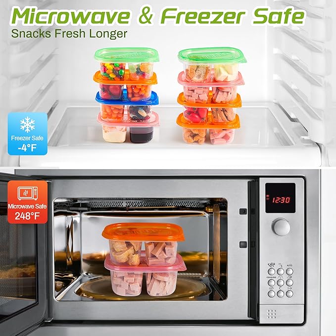 ALFEVA 20Pcs Reusable Snack Containers with Lids Portion Control, Camping Essentials,Meal Prep Containers for Kids Adults, 10 Forks, Double Compartment Snack Containers for Travel (4 Color)