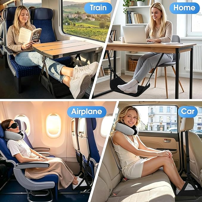 Ergonomic Airplane Pillow and Airplane Foot Hammock, Ultra Portable Neck Pillow with 360° Head Support, Portable Travel Foot Rest with Adjustable Strap, Includes Eye Mask & Ear Plugs, for Flight, Car