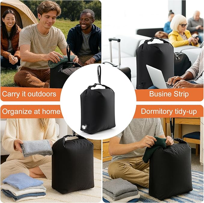 Travel Laundry Bag, Pump Free Vacuum Compression Dirty Clothes Bag Reusable Wet Dry Bags Large Capacity Space Saver Bags Camp Washable Clothes Organizer for Sports Dorm Laundromat (1 Pcs) (Black, L)