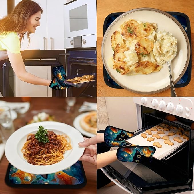 Underwater Cat and Fishes Pot Holders with Pockets 2 PCS, Heat Resistant Oven Mitts Hot Pads for Kitchen Baking Cooking, Square Thick Pot Holders Kitchen Hot Potholders, 8.5x10 Inches