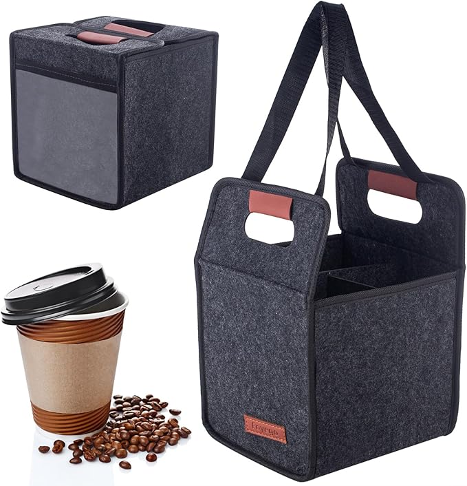 Foyego 4 Cup Drink Carrier with Handle, Reusable Insulated Drink Caddy Drink Holder for Car, Folding Portable Coffee Cup Holder Bag for Travel and Delivery