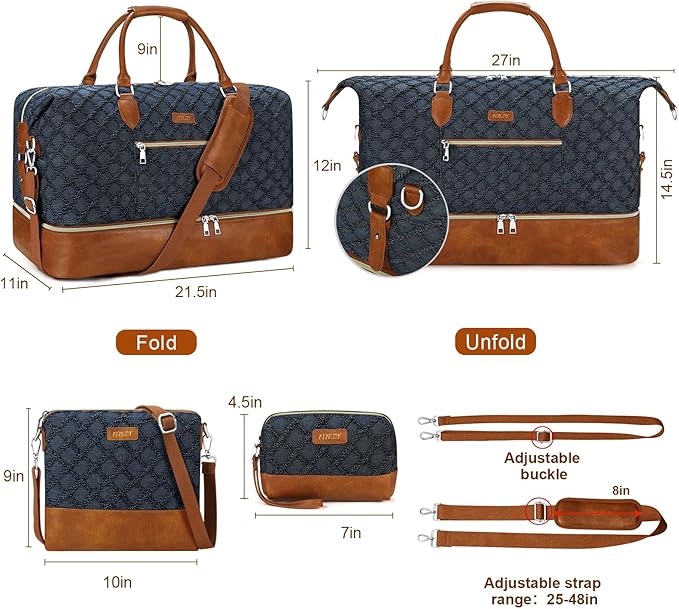 ITIEZY Weekender Overnight Bag for Women - Large Travel Duffel Bag with Shoe Compartment, Gym Duffel Bag Hospital Bag Carry On Tote Bags for Airplanes with Crossbody Bag Toiletry Bag 3Pcs Set