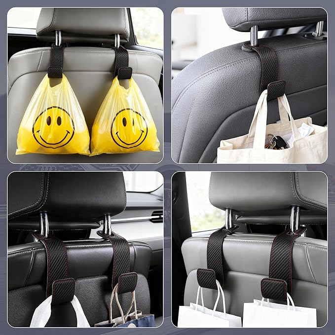 Leather Car purse hooks with larger strap holder purse hook purse holder for car car seat back hooks Automotive seat back organizer headrest hooks for bags and purse (Black Carbon fiber, 2pcs)