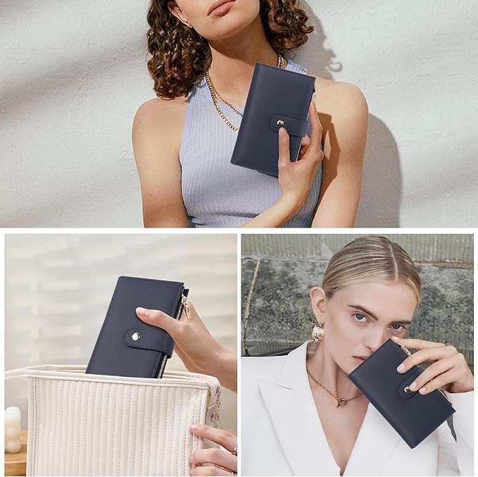 yiijay Wallet for Women RFID Blocking Leather Trifold Clutch Wallet Credit Card Holder Ladies Travel Wallet Purse with Pen Holder