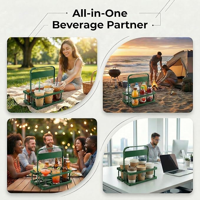 6 Cup Drink Carrier for Delivery - Foldable Drink Holder with Handle, Reusable Cup Carrier for Drinks, Portable Beverage Caddy Accessories for Parties, Camping, Car, Coffee & Bottles (Green)