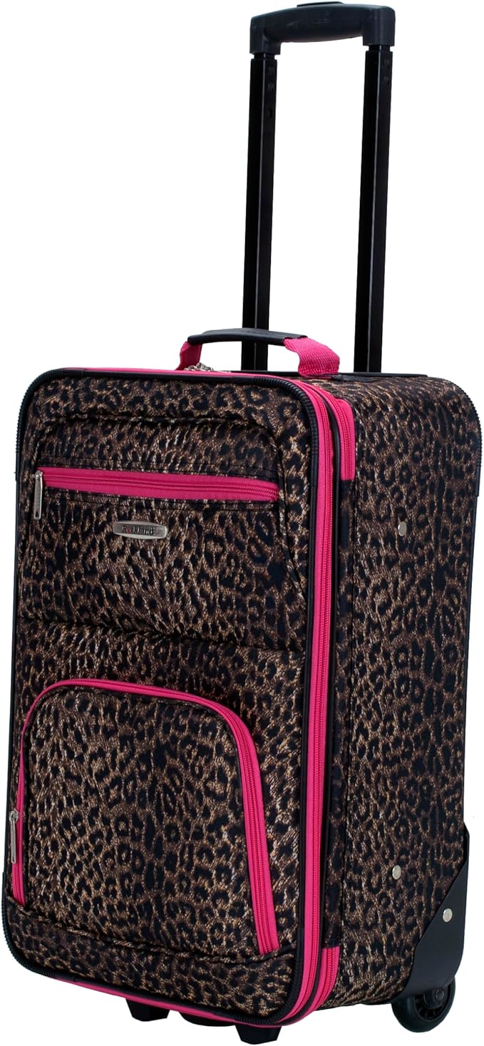 Rockland Fashion Softside 2 Piece Luggage Set, Expandable, (14" Tote/19" Upright), Pink Leopard