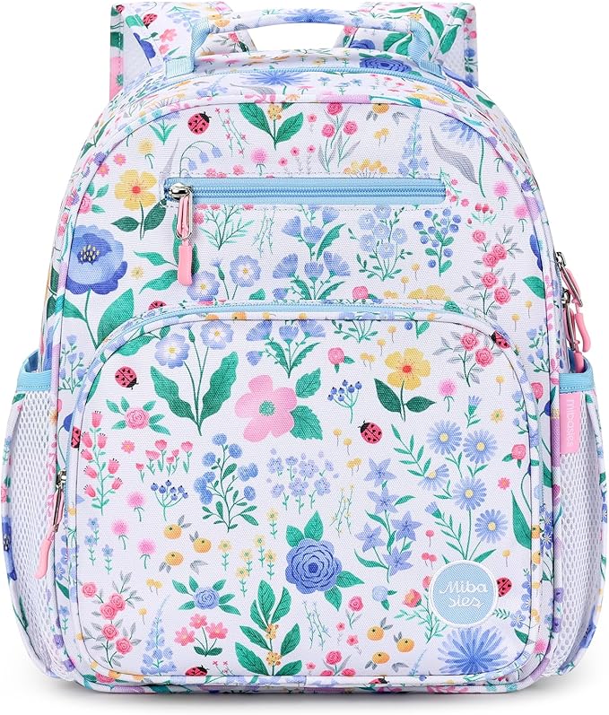 mibasies Kids Backpack for Girls: Girls Backpack 5-8 - Kindergarten Elementary School Bookbag for Girl - Floral Sky Blue