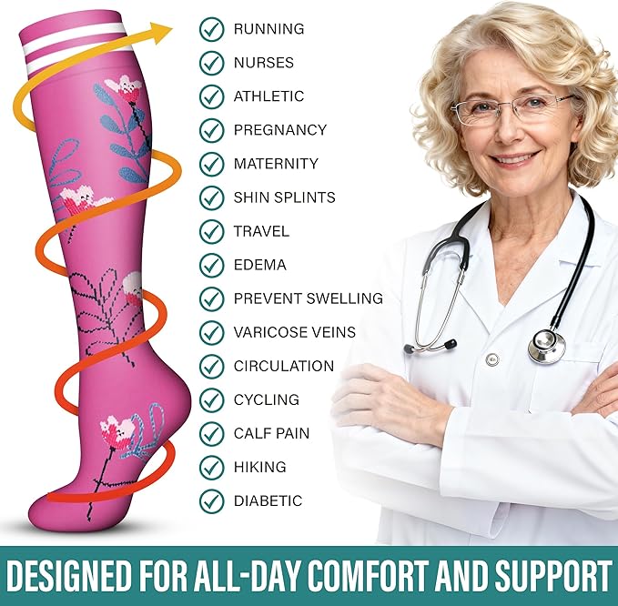 Acture 6 Pack Compression Socks for Women and Men - Knee High for Medical, Running, Nurses, Travel