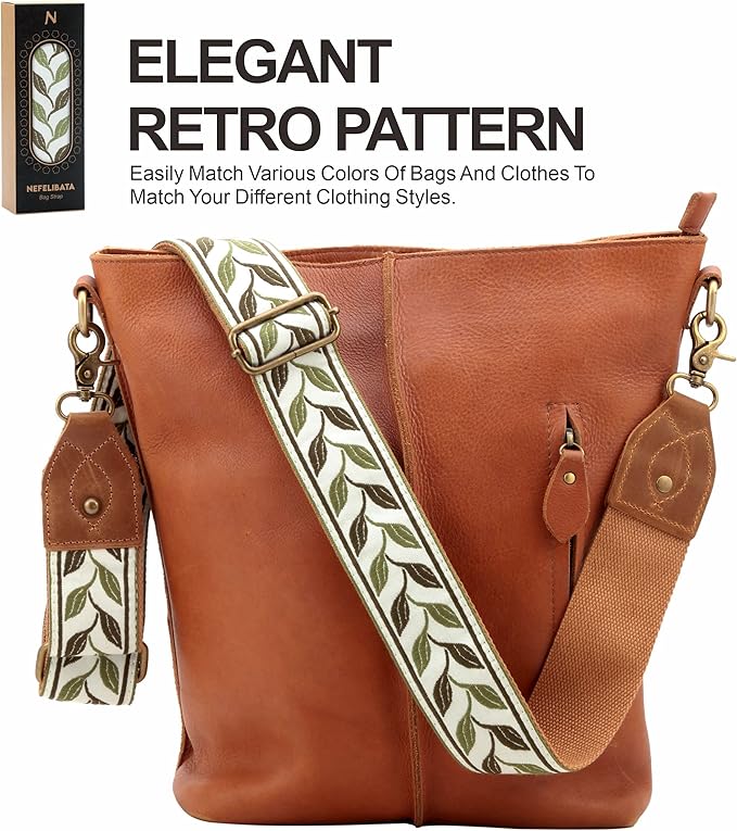 Nefelibata Purse Strap-2"Crazy Horse Leather Bag Strap Adjustable Replacement,Retro Jacquard Embroidery Crossbody Straps