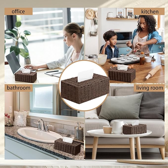 Tissue Box Cover Rectangle Natural Paper Rope Hand Woven Tissue Box Holder for Bathroom Living Room Bedroom Kitchen Table Desk Office Farmhouse Home Decor(Dark Brown)